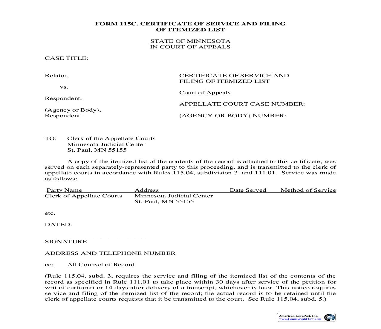 Certificate Of Service And Filing Of Itemized List {115C} | Pdf Fpdf Doc Docx | Minnesota