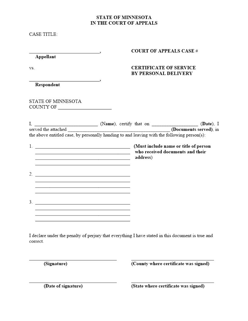 Certificate Of Service By Personal Delivery | Pdf Fpdf Docx | Minnesota