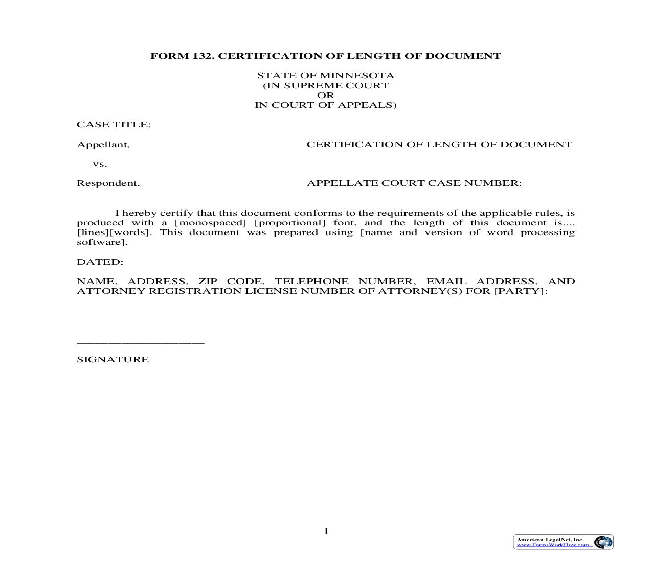 Certification Of Length Of Document {132} | Pdf Fpdf Doc Docx | Minnesota