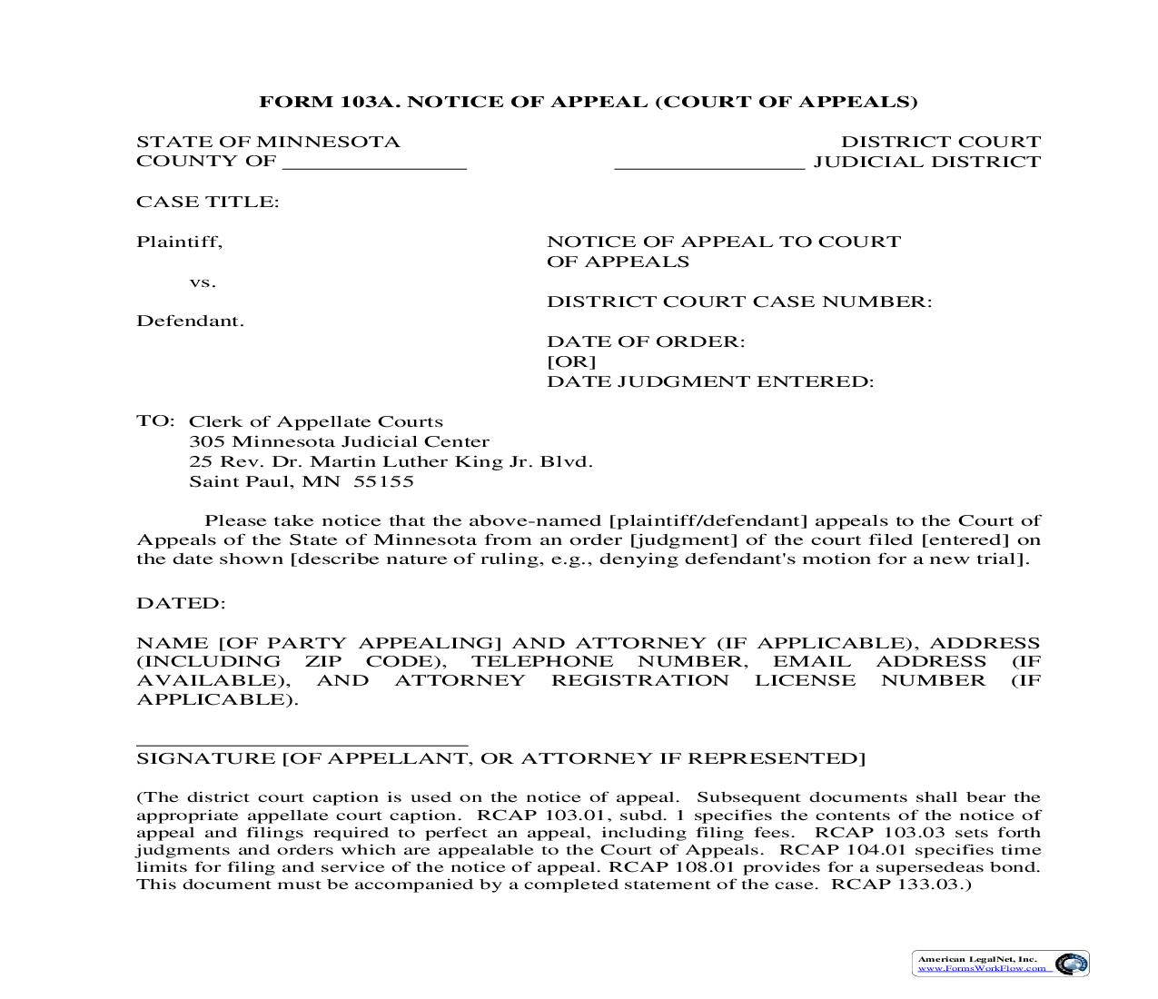 Notice Of Appeal To Court Of Appeals {103A} | Pdf Fpdf Doc Docx | Minnesota