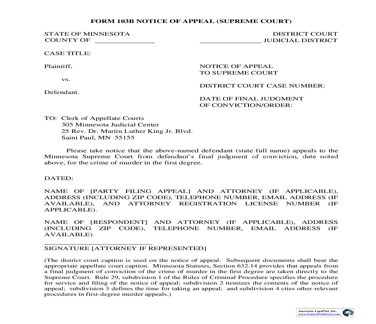 Notice Of Appeal To Supreme Court {103B} | Pdf Fpdf Doc Docx | Minnesota