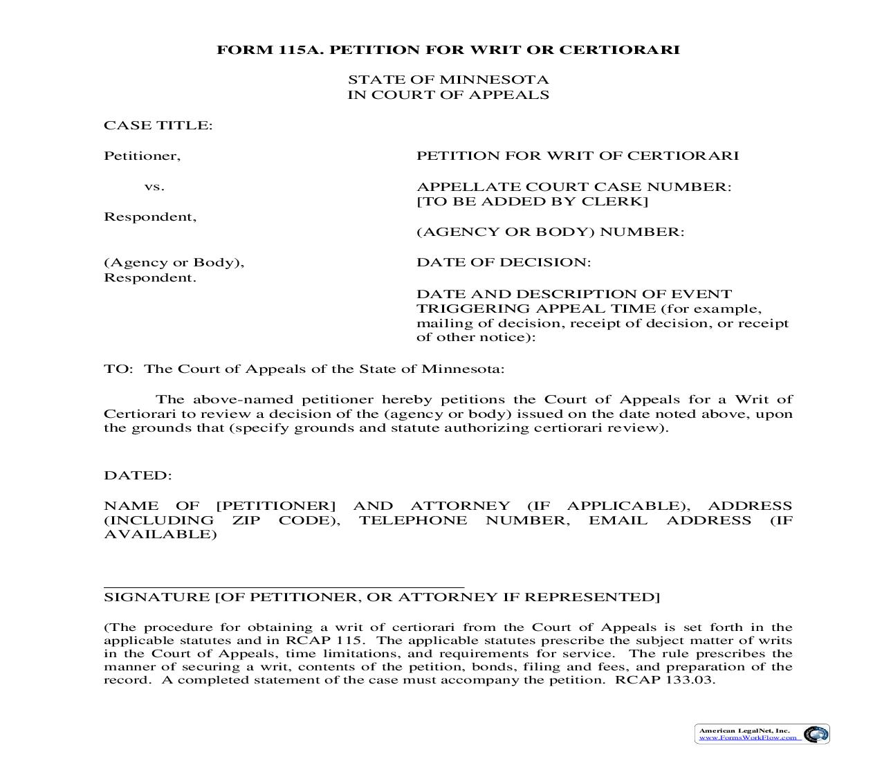 Petition For Writ Of Certiorari (General) {115A} | Pdf Fpdf Doc Docx | Minnesota