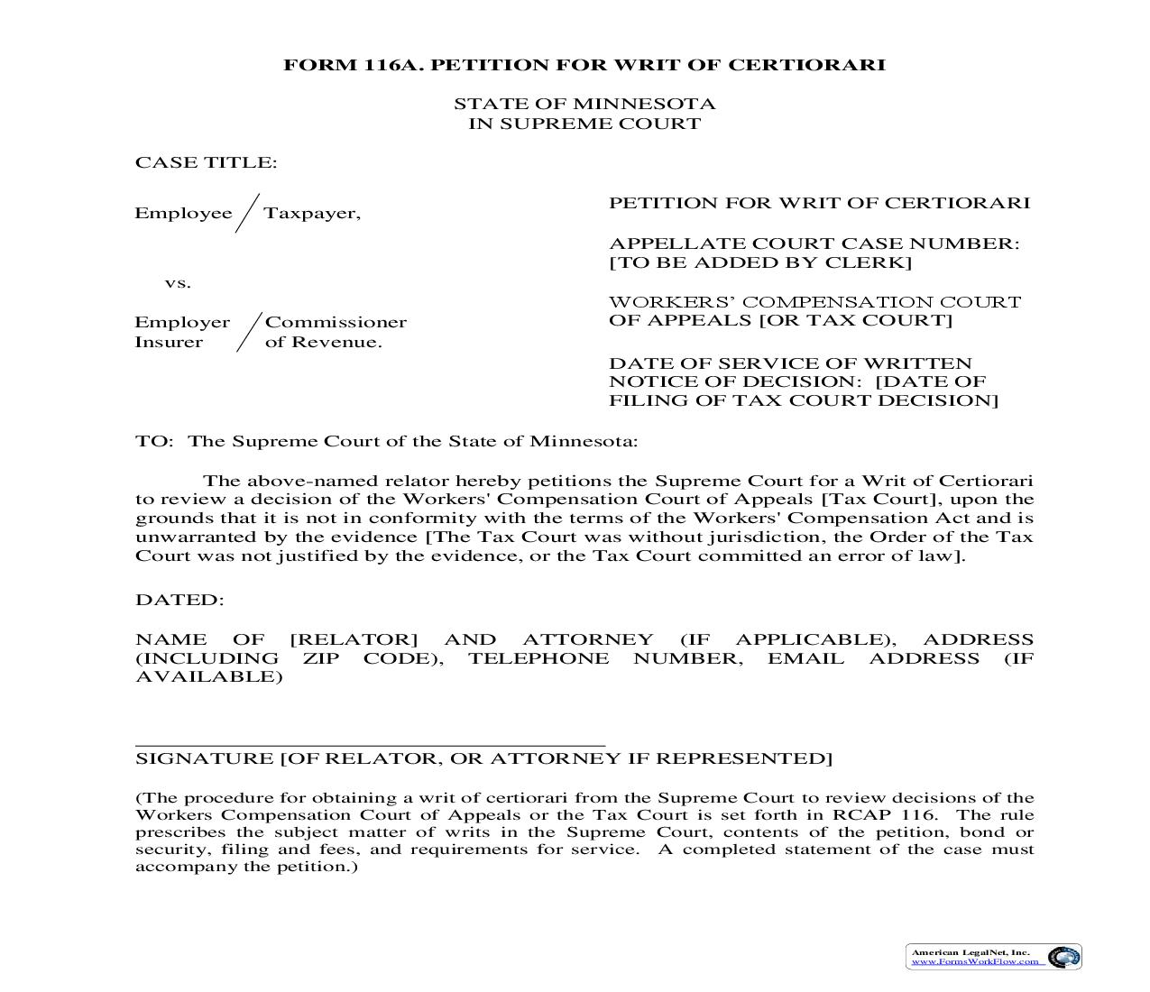 Petition For Writ Of Certiorari (Workers Comp) {116A} | Pdf Fpdf Doc Docx | Minnesota