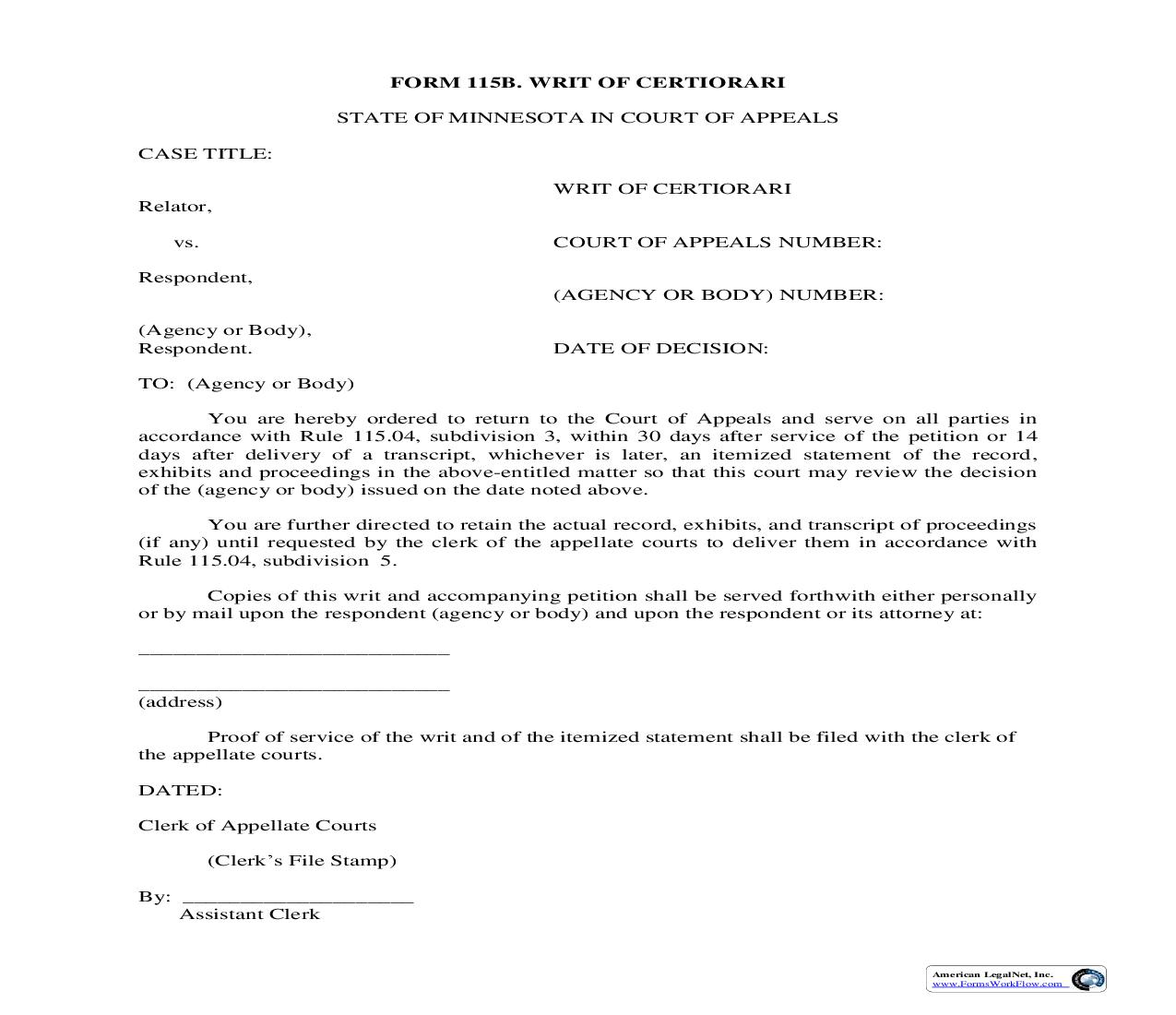 Writ Of Certiorari (General) {115B} | Pdf Fpdf Doc Docx | Minnesota