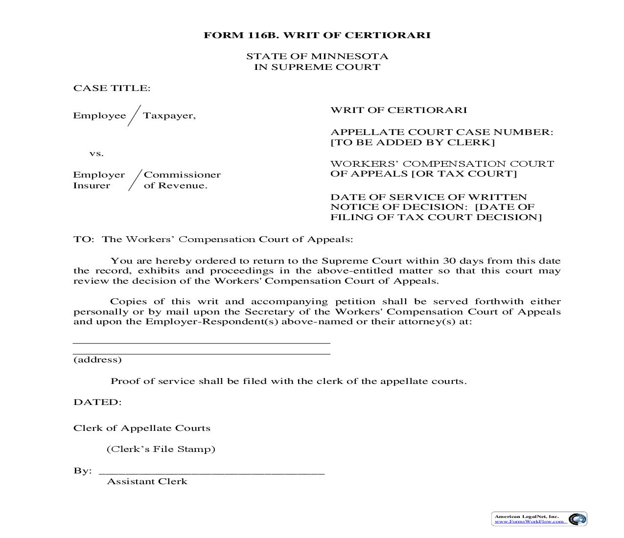 Writ Of Certiorari (Workers Comp) {116B} | Pdf Fpdf Doc Docx | Minnesota