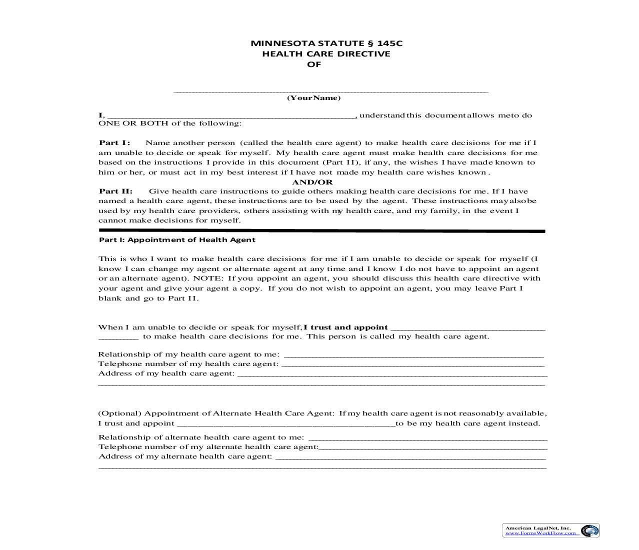 Health Care Directive (Living Will) | Pdf Fpdf Doc Docx | Minnesota