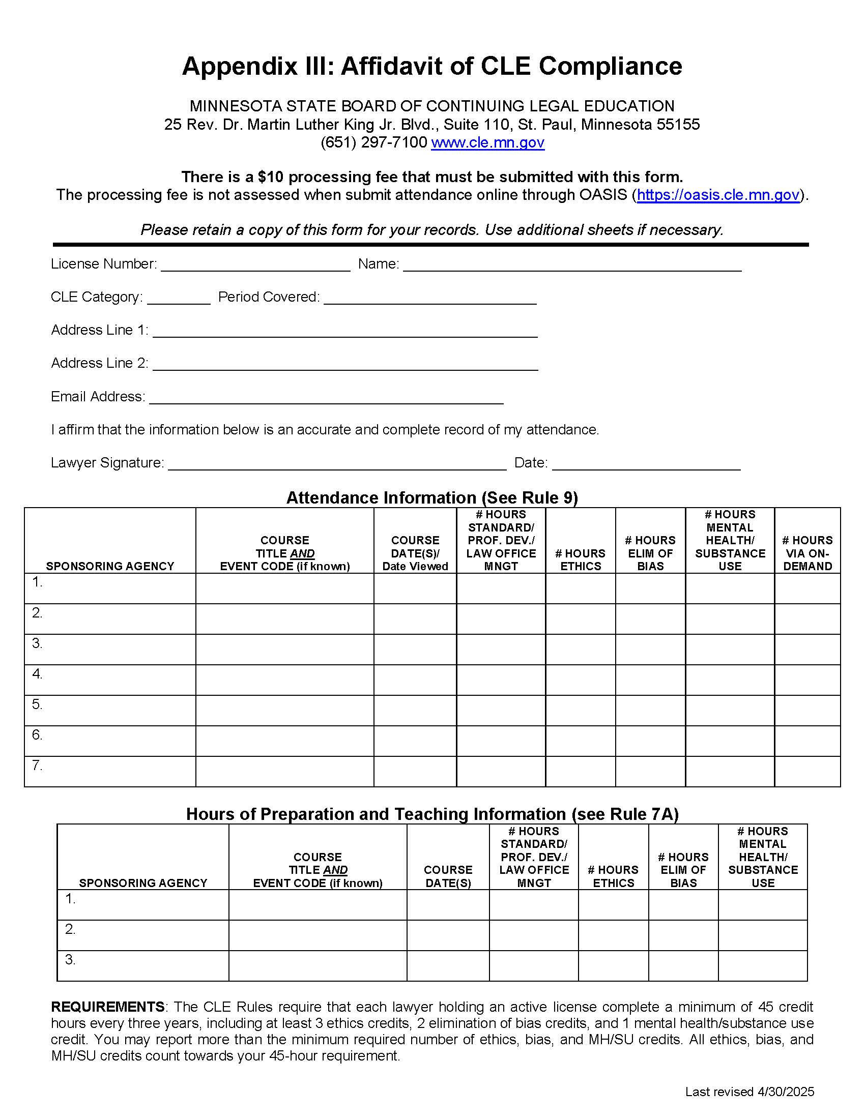 Affidavit Of CLE Compliance Appendix III | Pdf Fpdf Docx | Minnesota