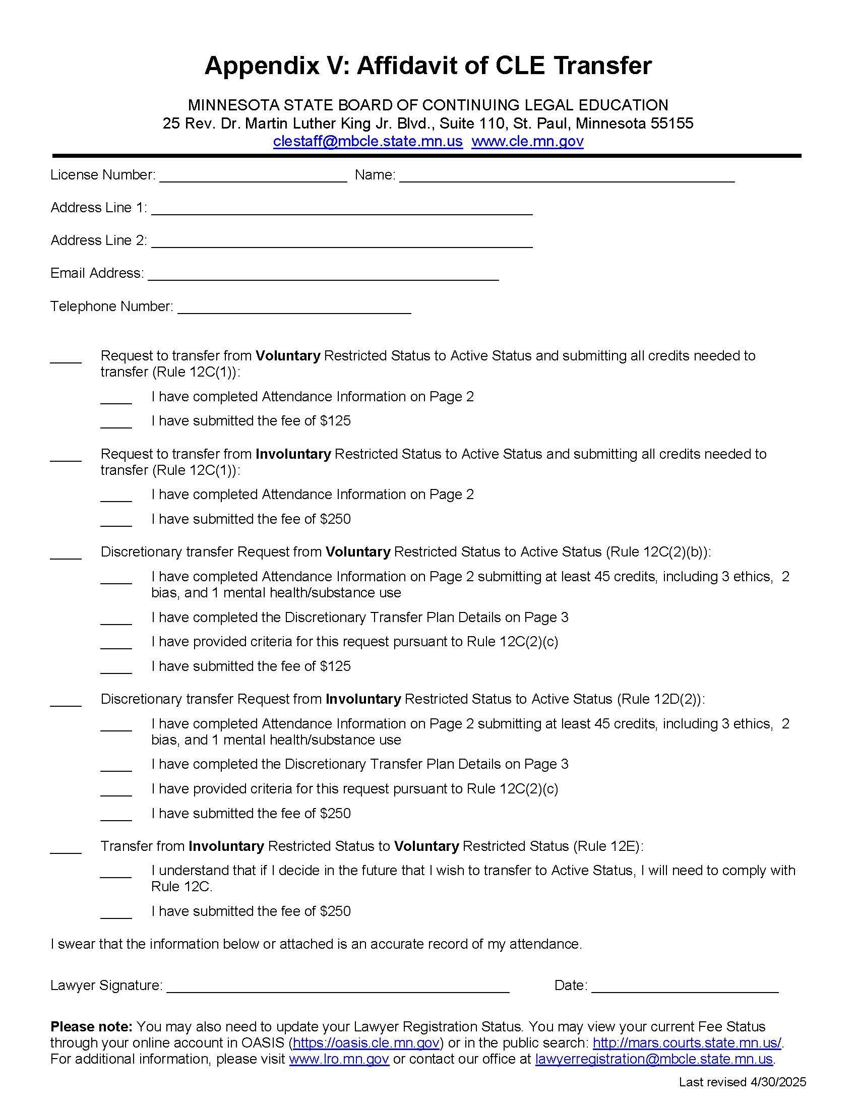 Affidavit Of CLE Transfer Appendix V | Pdf Fpdf Docx | Minnesota