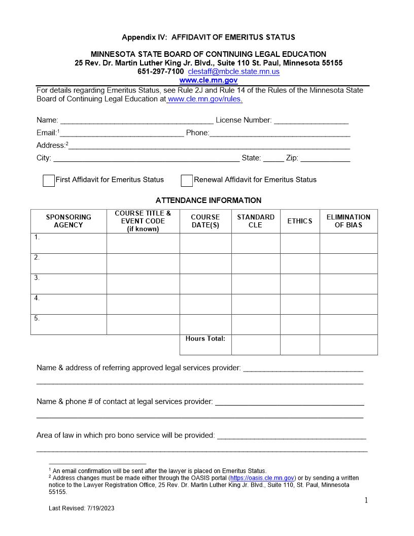 Affidavit Of Emeritus Status Appendix IV | Pdf Fpdf Docx | Minnesota