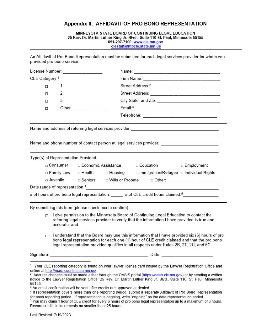 Affidavit Of Pro Bono Representation Appendix II | Pdf Fpdf Docx | Minnesota