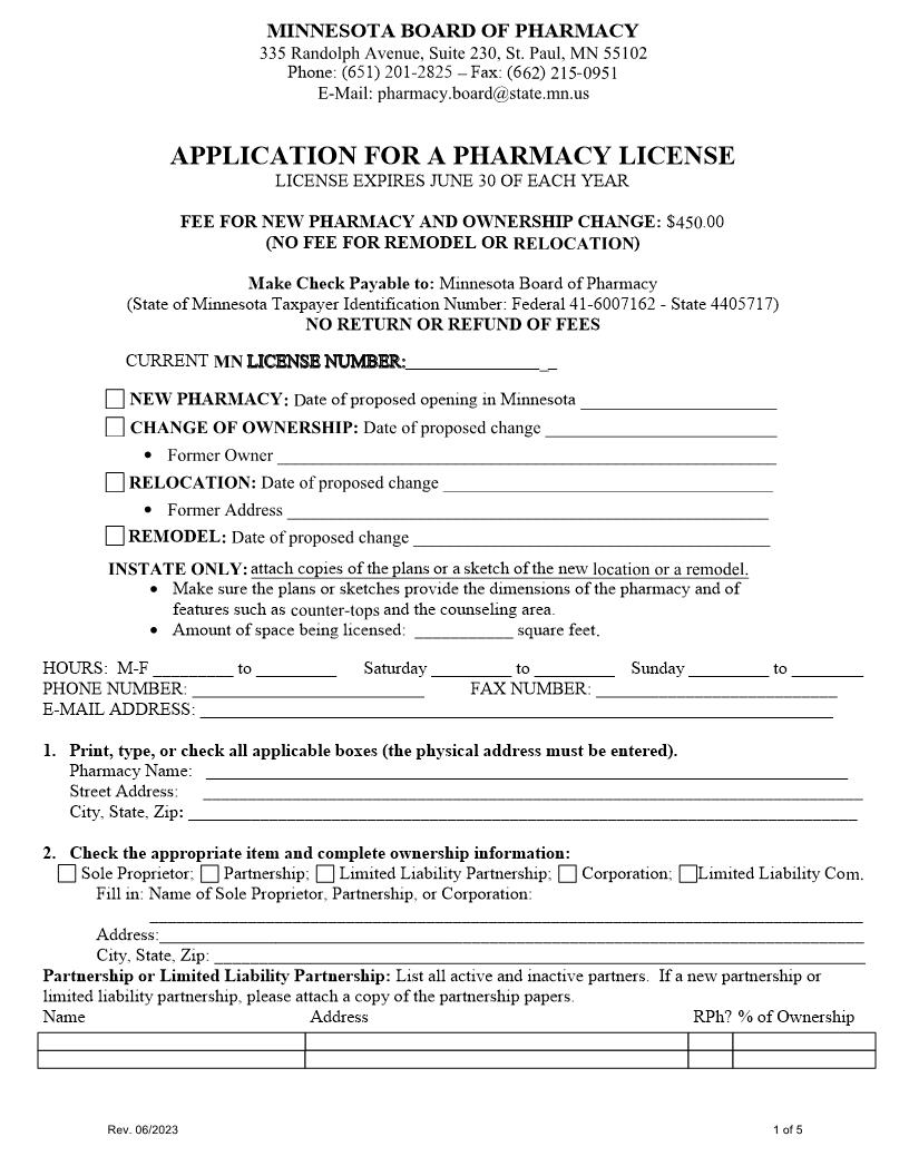 Application For A Pharmacy License | Pdf Fpdf Docx | Minnesota