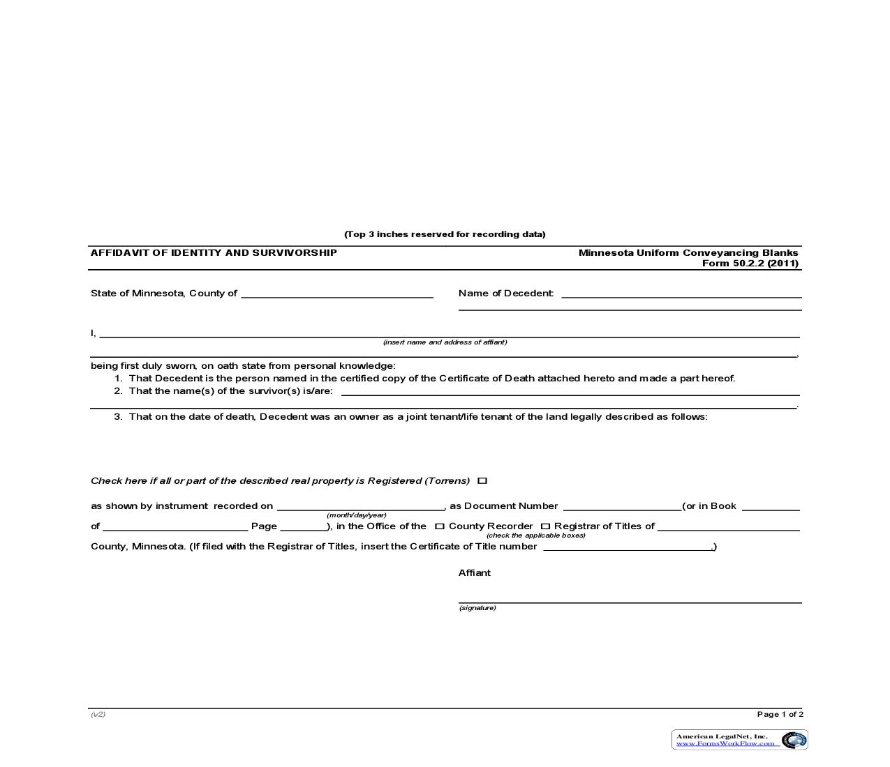 Affidavit Of Identity And Survivorship {50.2.2} | Pdf Fpdf Doc Docx | Minnesota