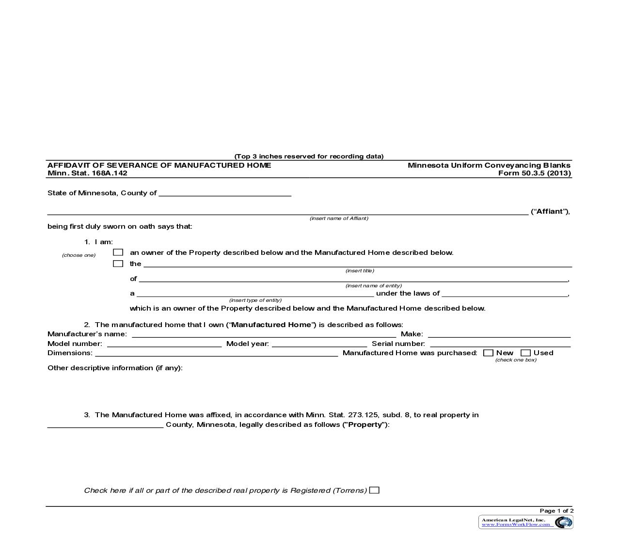 Affidavit Of Severance Of Manufactured Home {50.3.5} | Pdf Fpdf Doc Docx | Minnesota