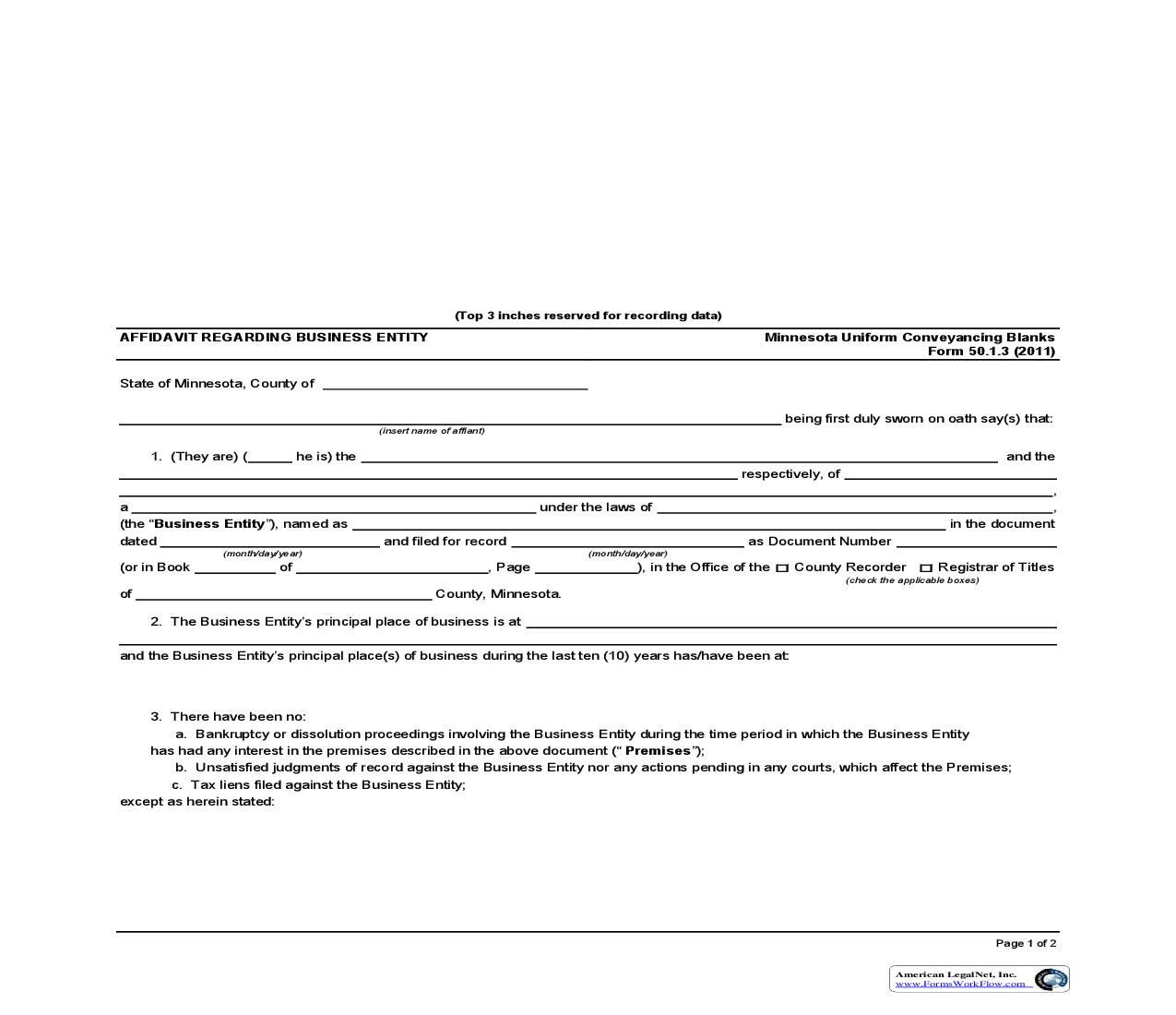 Affidavit Regarding Business Entity {50.1.3} | Pdf Fpdf Doc Docx | Minnesota
