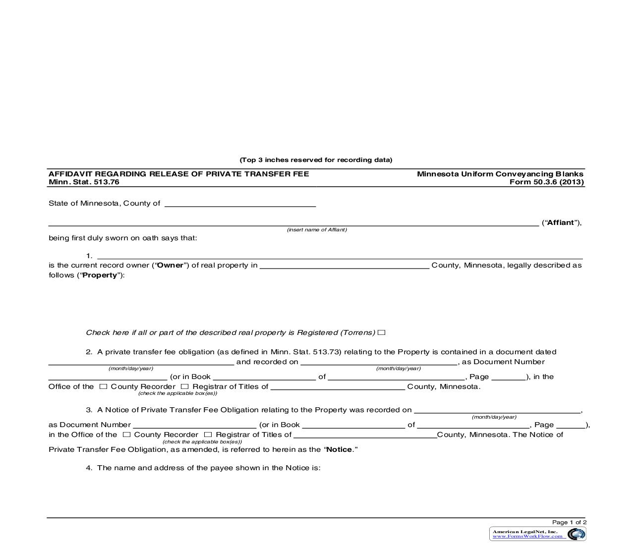 Affidavit Regarding Release Of Private Transfer Fee {50.3.6} | Pdf Fpdf Doc Docx | Minnesota