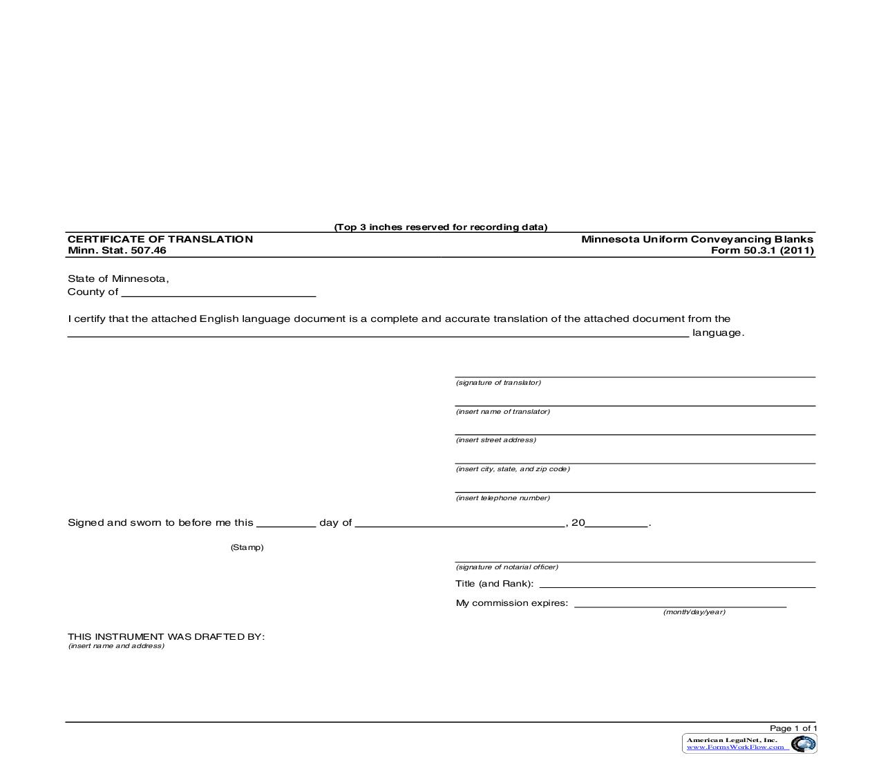 Certificate Of Translation {50.3.1} | Pdf Fpdf Doc Docx | Minnesota