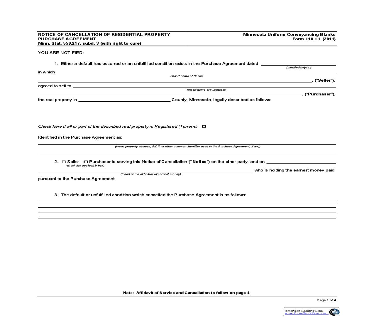 Notice Of Cancellation Of Residential Property Purchase Agreement {110.1.1} | Pdf Fpdf Doc Docx | Minnesota