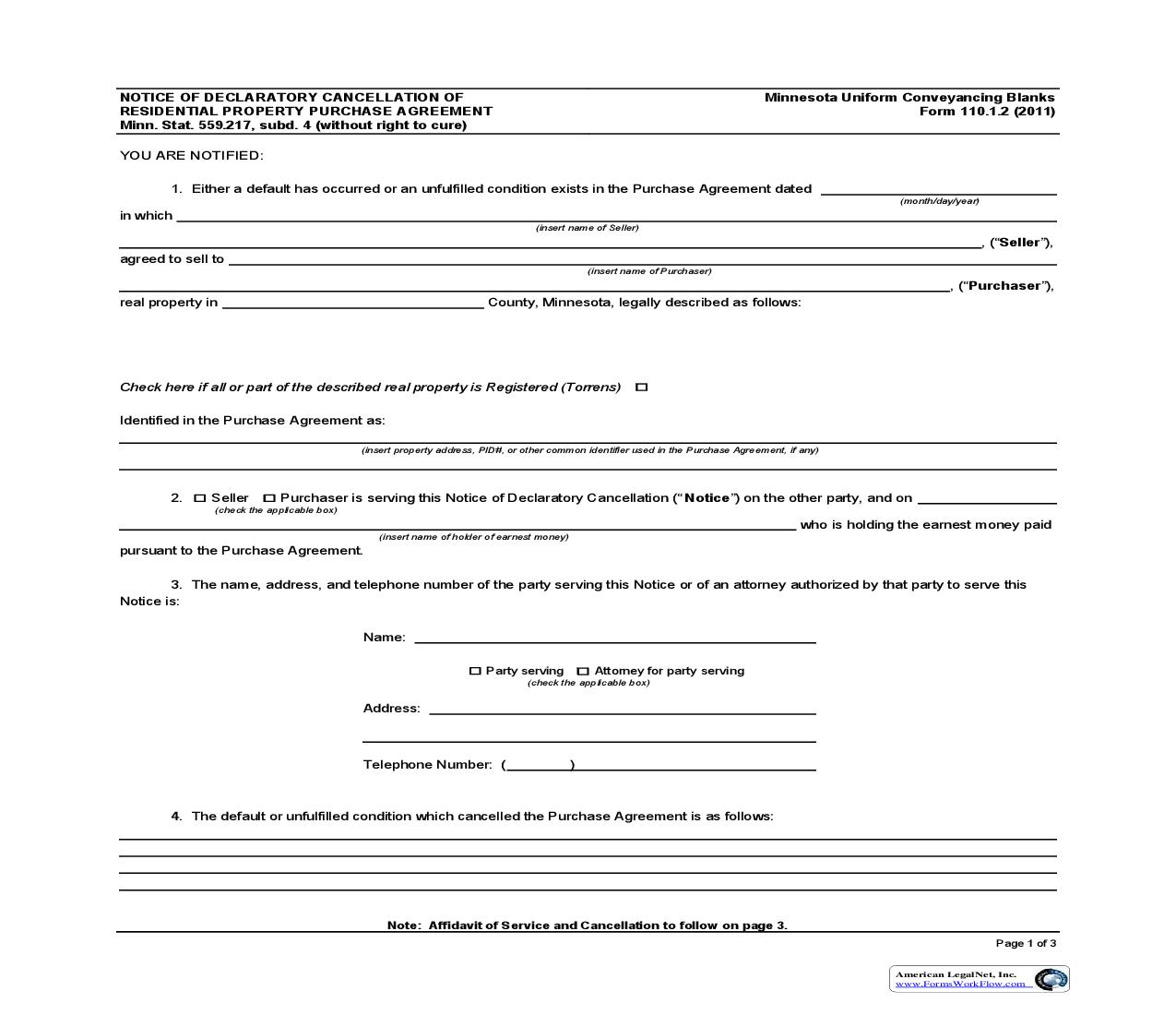 Notice of Declaratory Cancellation Of Residential Property Purchase Agreement {110.1.2} | Pdf Fpdf Doc Docx | Minnesota