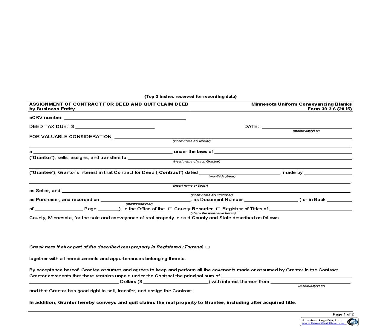 Assignment Of Contract For Deed And Quit Claim Deed By Business Entity {30.3.6} | Pdf Fpdf Doc Docx | Minnesota