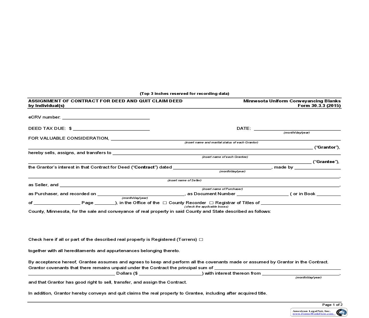 Assignment Of Contract For Deed And Quit Claim Deed by Individual(s) {30.3.3} | Pdf Fpdf Doc Docx | Minnesota