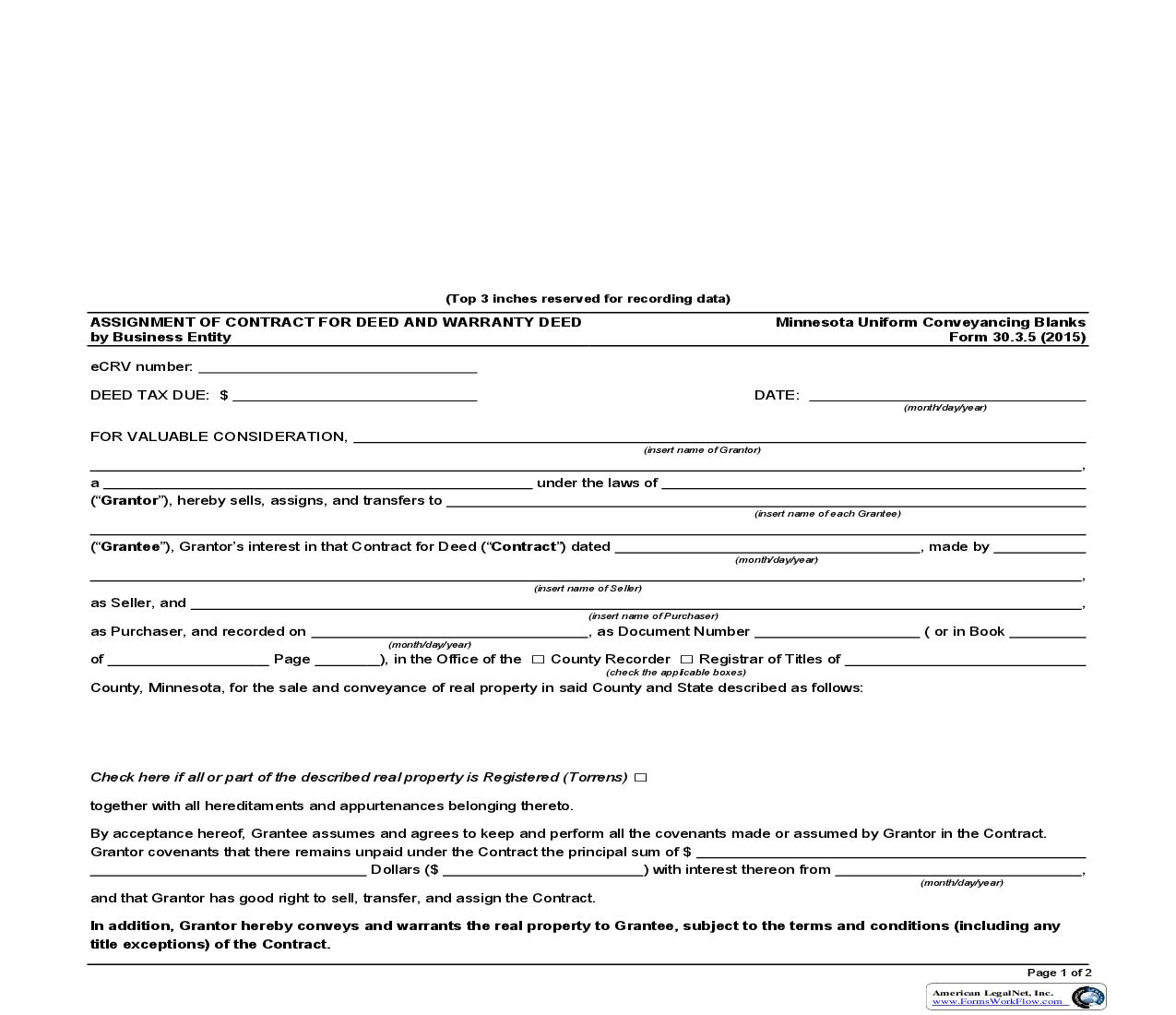 Assignment Of Contract For Deed And Warranty Deed By Business Entity {30.3.5} | Pdf Fpdf Doc Docx | Minnesota