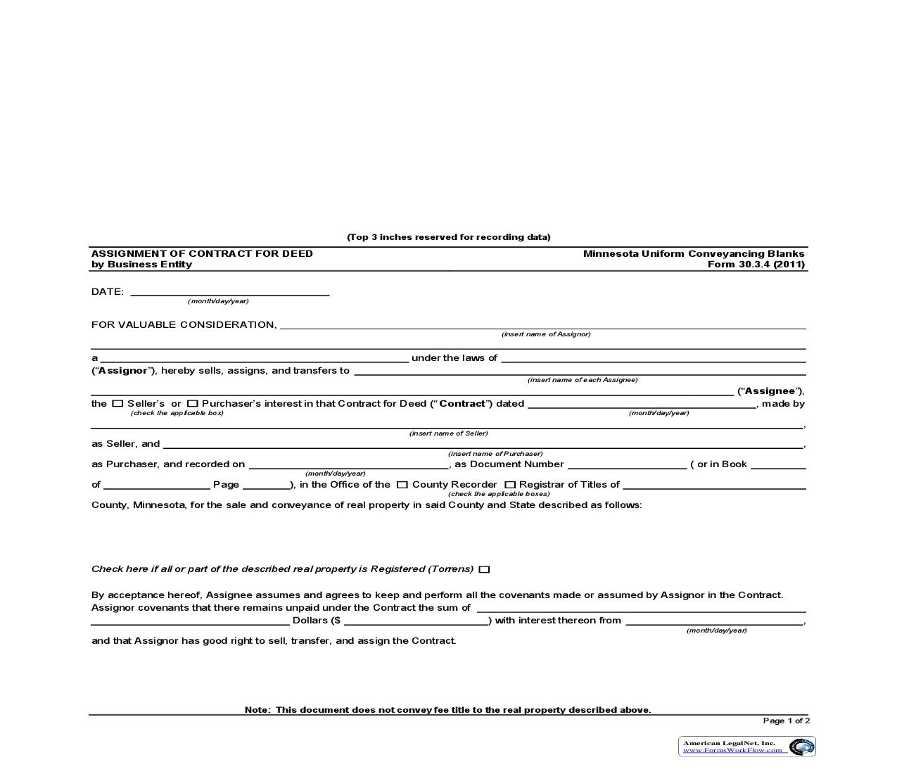 Assignment Of Contract For Deed By Business Entity {30.3.4} | Pdf Fpdf Doc Docx | Minnesota