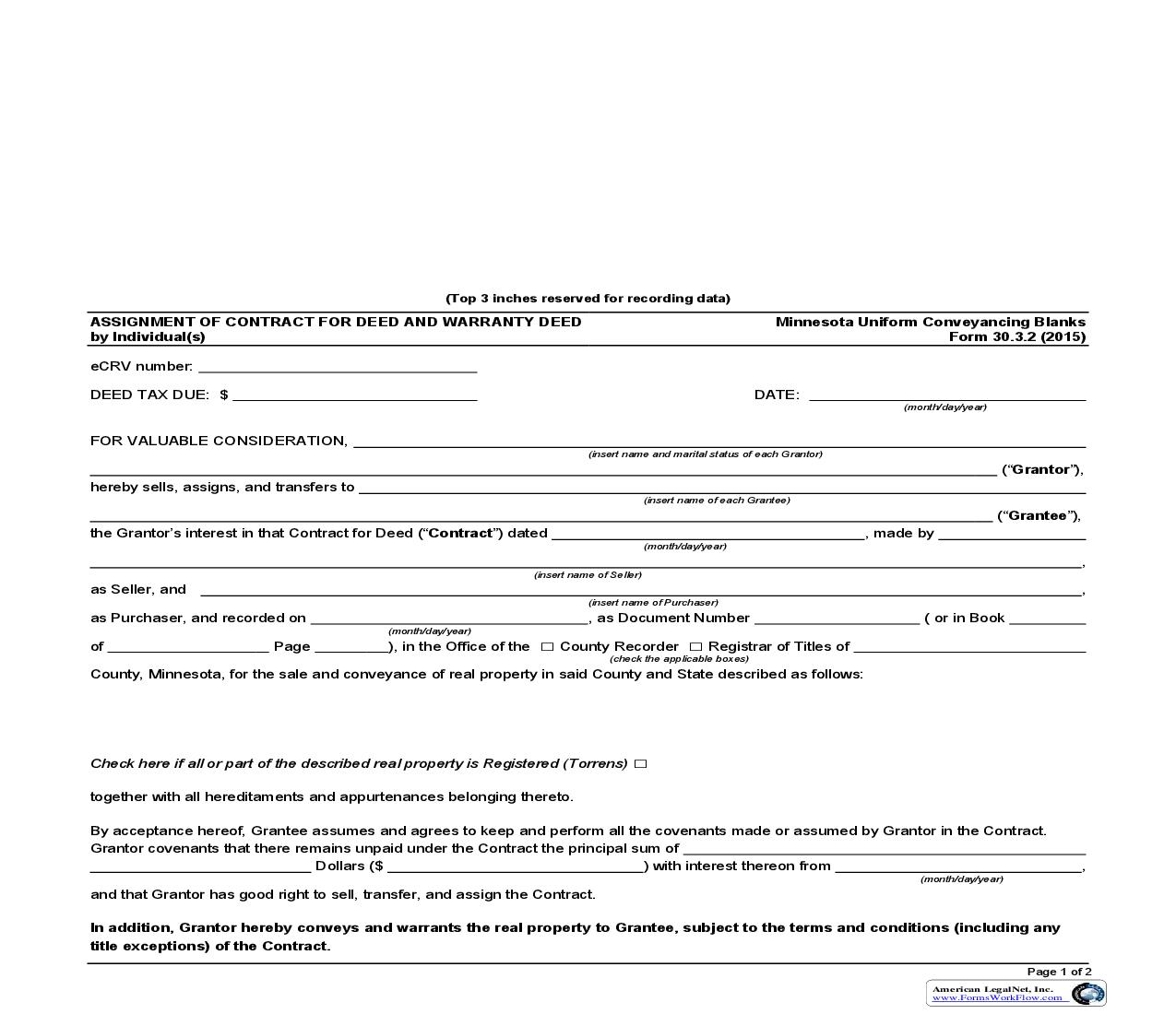 Assignment of Contract for Deed And Warranty Deed By Individual(s) {30.3.2} | Pdf Fpdf Doc Docx | Minnesota