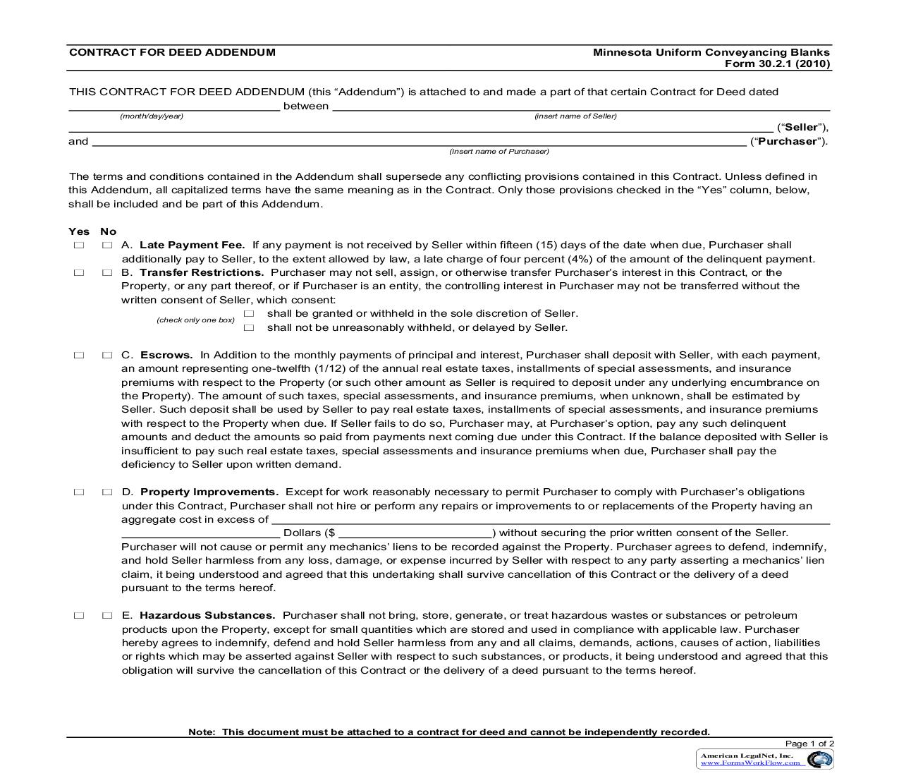 Contract For Deed Addendum {30.2.1} | Pdf Fpdf Doc Docx | Minnesota