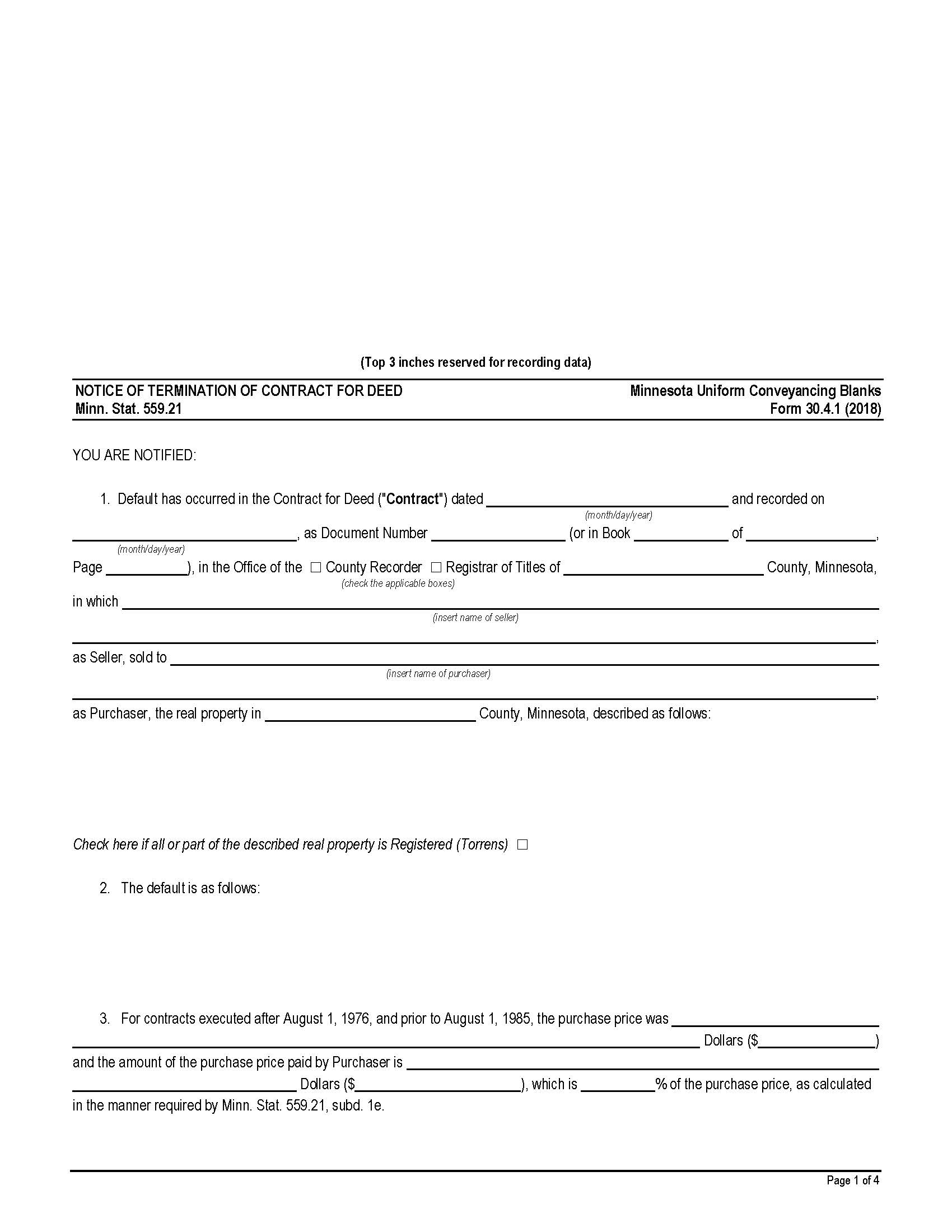 Notice Of Termination of Contract For Deed {30.4.1} | Pdf Fpdf Doc Docx | Minnesota