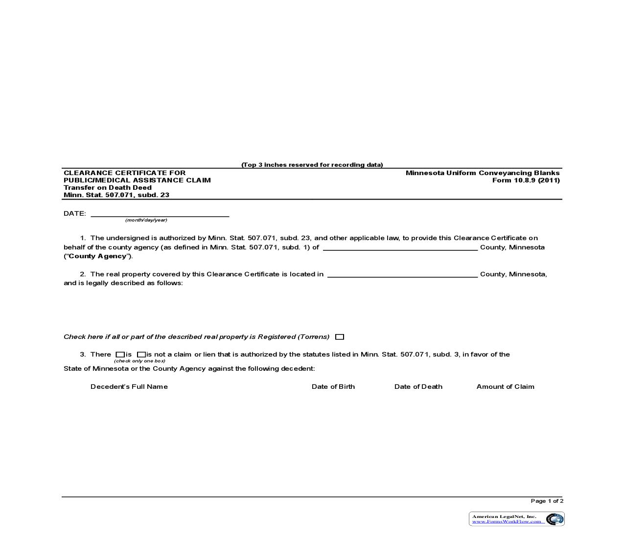 Clearance Certificate For Public Or Medical Assistance Claim Transfer On Death Deed {10.8.9} | Pdf Fpdf Doc Docx | Minnesota