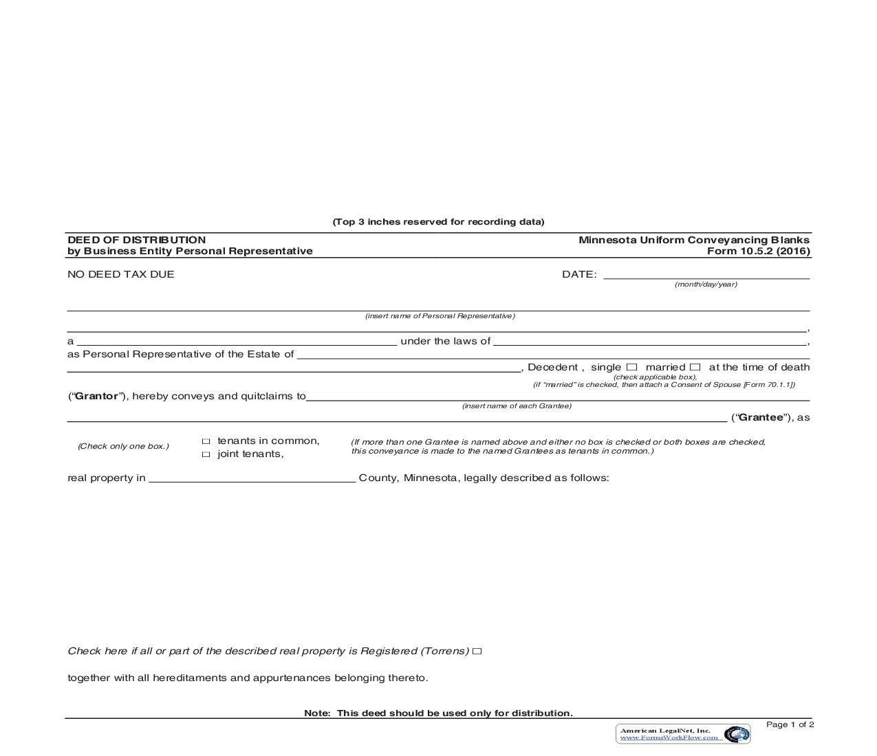 Deed Of Distribution By Business Entity Personal Representative {10.5.2} | Pdf Fpdf Doc Docx | Minnesota