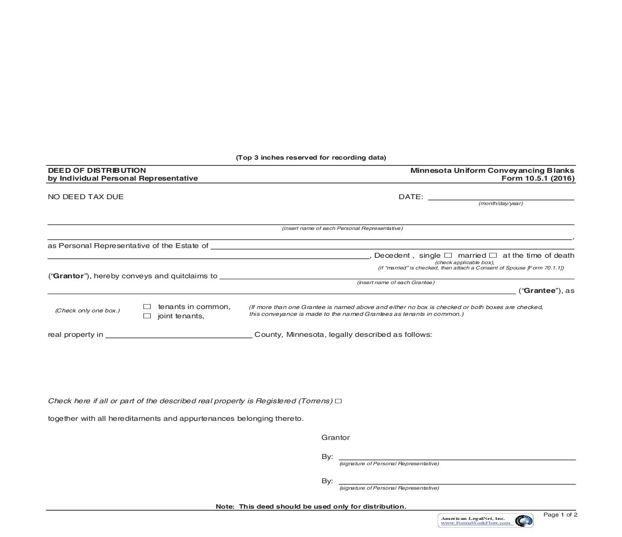 Deed Of Distribution By Individual Personal Representative {10.5.1} | Pdf Fpdf Doc Docx | Minnesota
