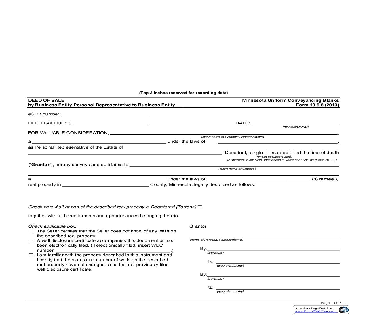 Deed Of Sale By Business Entity Personal Representative To Business Entity {10.5.8} | Pdf Fpdf Doc Docx | Minnesota