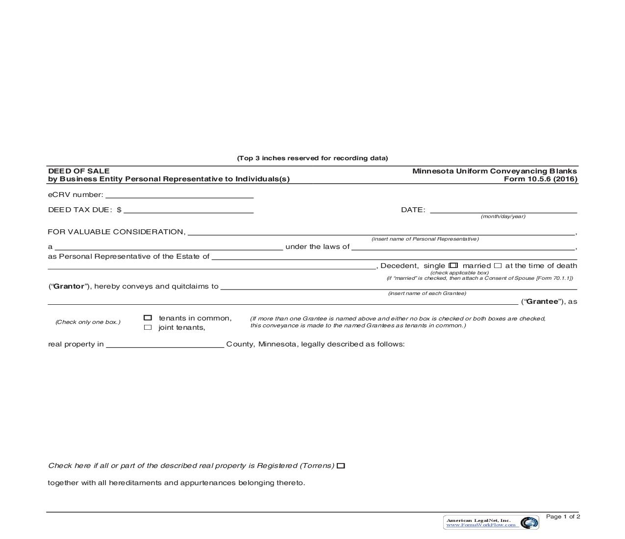 Deed Of Sale By Business Entity Personal Representative To Individual(s)  {10.5.6} | Pdf Fpdf Doc Docx | Minnesota