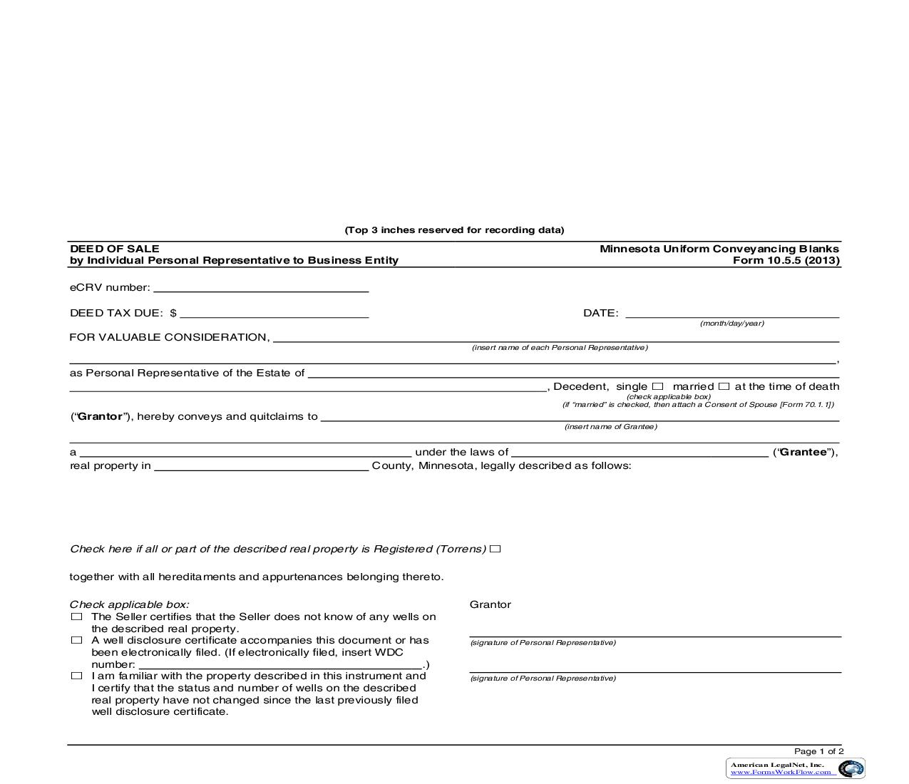 Deed Of Sale By Individual Personal Representative To Business Entity {10.5.5} | Pdf Fpdf Doc Docx | Minnesota