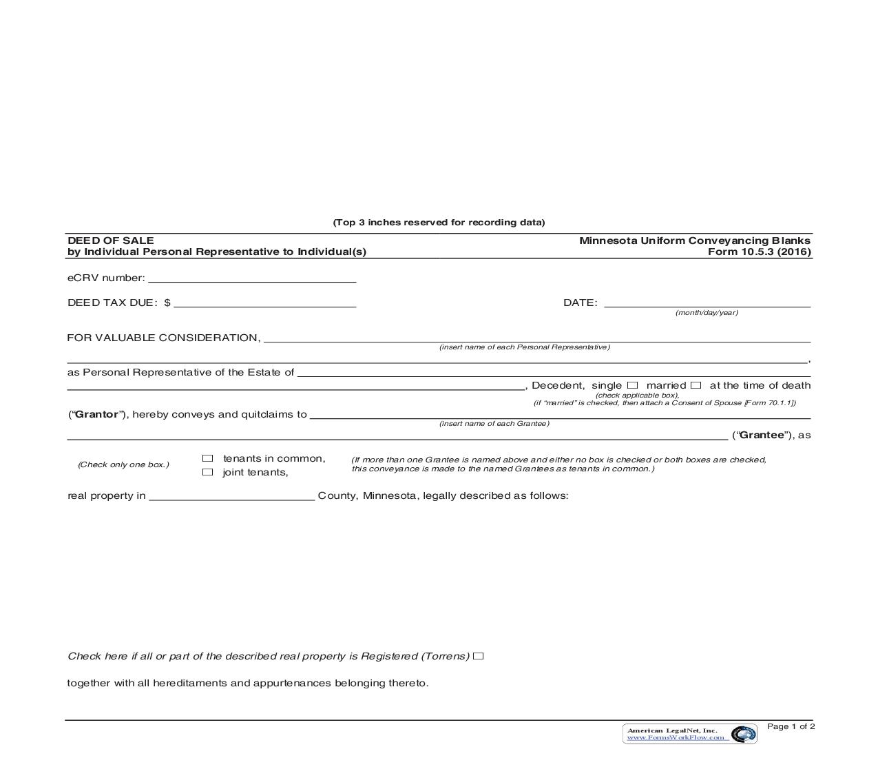 Deed Of Sale By Individual Personal Representative To Individual(s) {10.5.3} | Pdf Fpdf Doc Docx | Minnesota