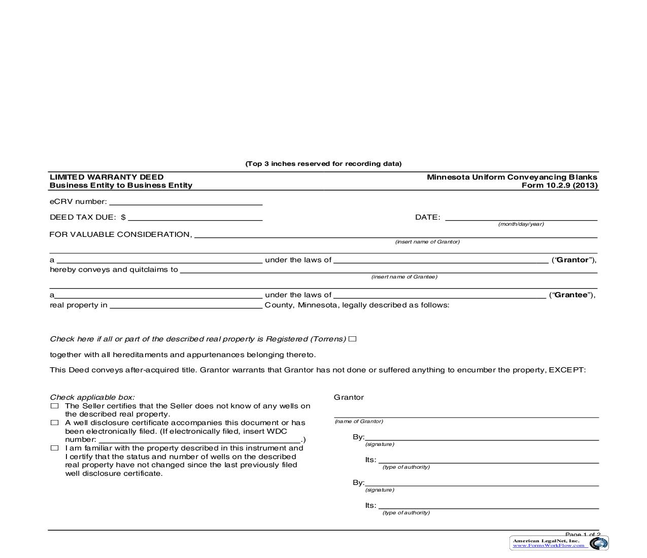 Limited Warranty Deed Business Entity To Business Entity {10.2.9} | Pdf Fpdf Doc Docx | Minnesota
