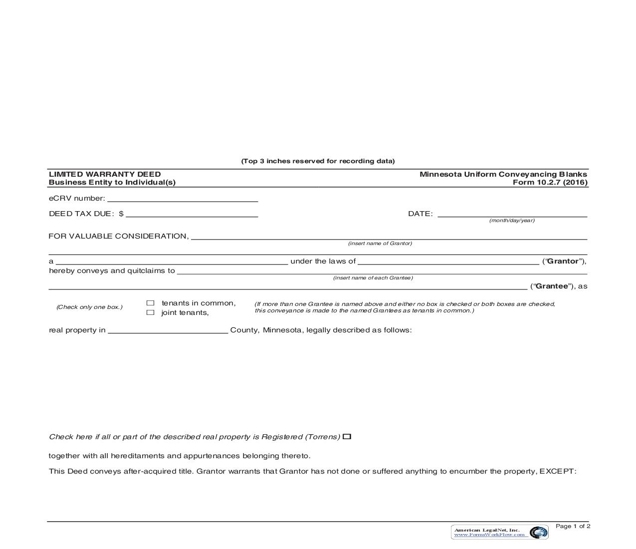Limited Warranty Deed Business Entity To Individual(s) {10.2.7} | Pdf Fpdf Doc Docx | Minnesota