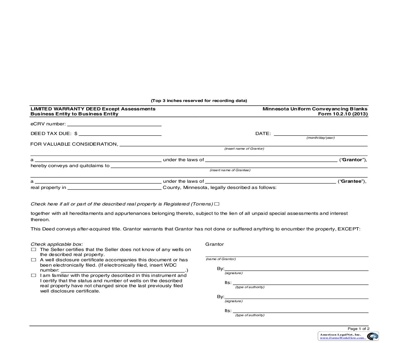 Limited Warranty Deed Except Assessments Business Entity To Business Entity {10.2.10} | Pdf Fpdf Doc Docx | Minnesota