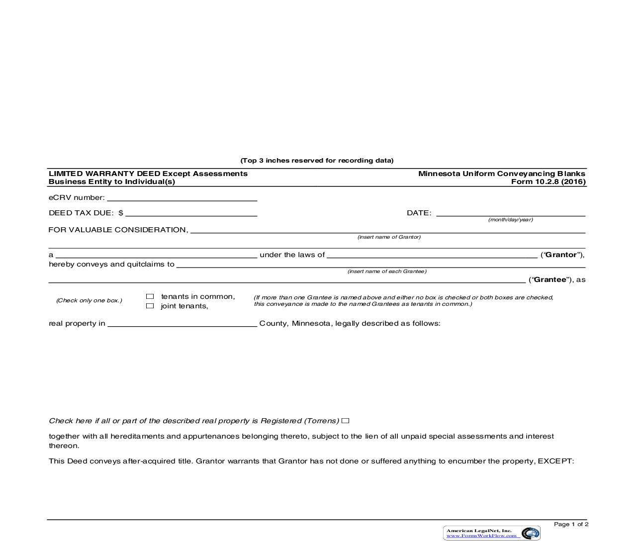 Limited Warranty Deed Except Assessments Business Entity To Individual(s) {10.2.8} | Pdf Fpdf Doc Docx | Minnesota