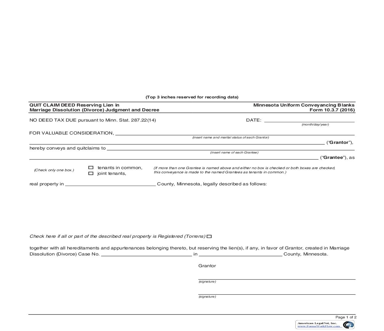Quit Claim Deed Reserving Lien In Marriage Dissolution (Divorce) Judgment And Decree {10.3.7} | Pdf Fpdf Doc Docx | Minnesota