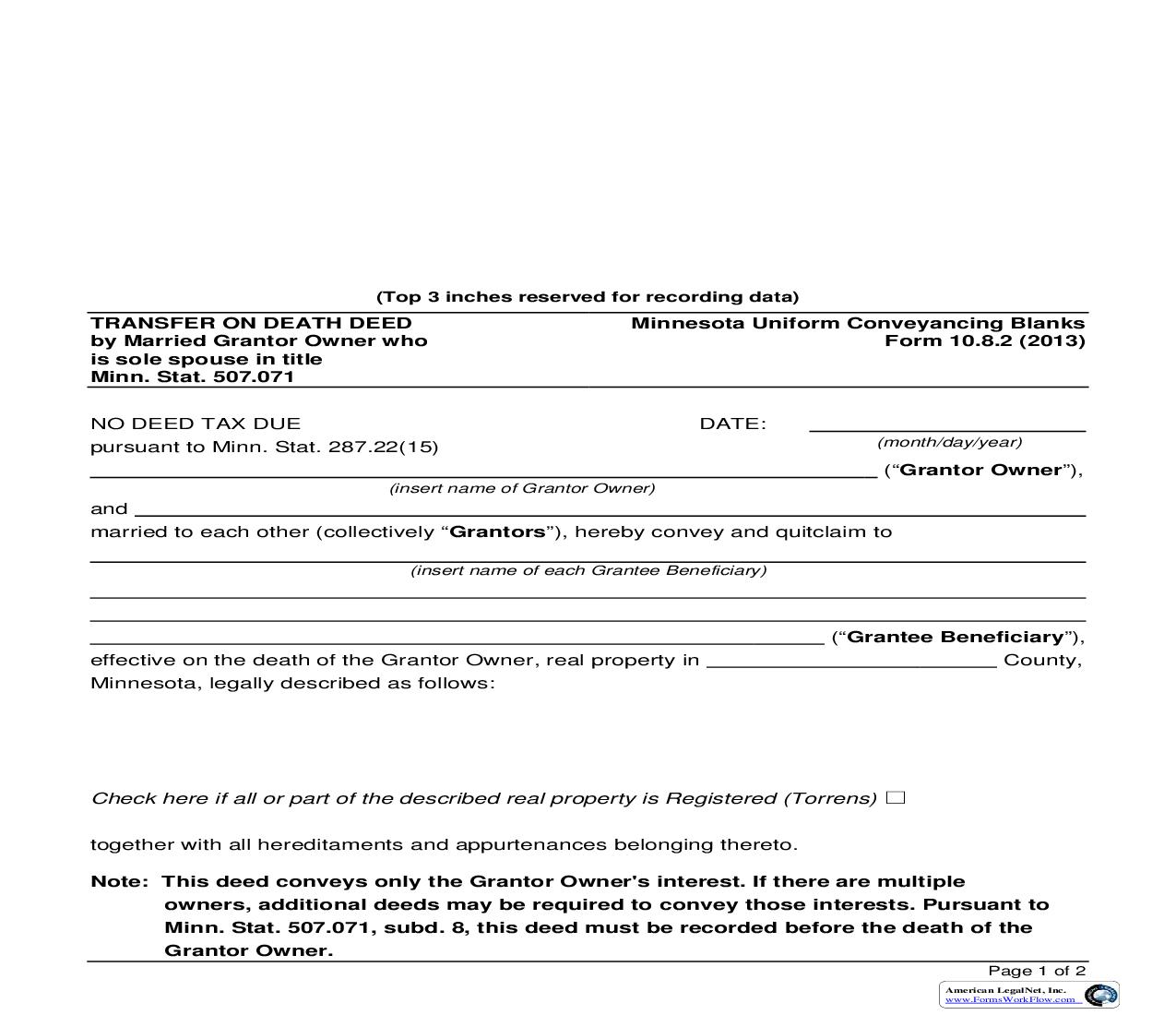 Transfer On Death Deed By Married Grantor Owner Who Is Sole Spouse In Title {10.8.2} | Pdf Fpdf Doc Docx | Minnesota