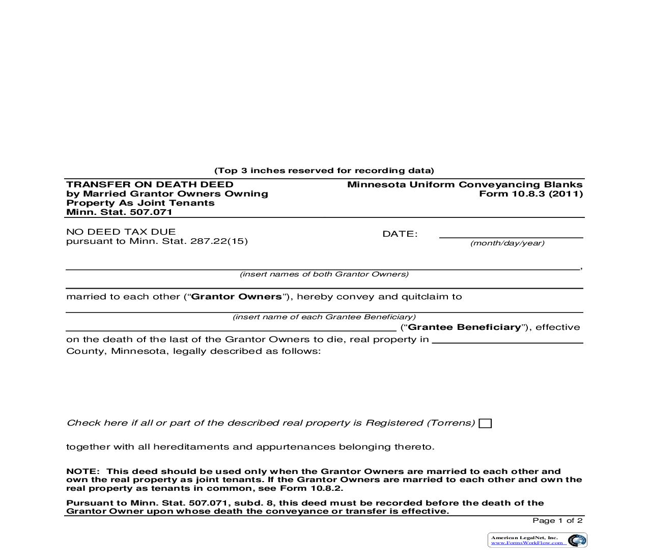Transfer On Death Deed By Married Grantor Owners Owning Property As Joint Tenants {10.8.3} | Pdf Fpdf Doc Docx | Minnesota