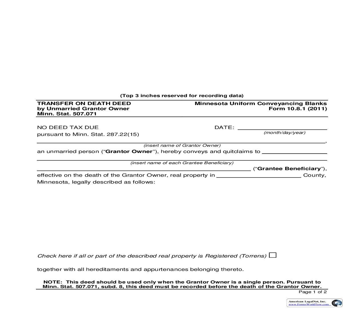 Transfer On Death Deed By Unmarried Grantor Owner {10.8.1} | Pdf Fpdf Doc Docx | Minnesota