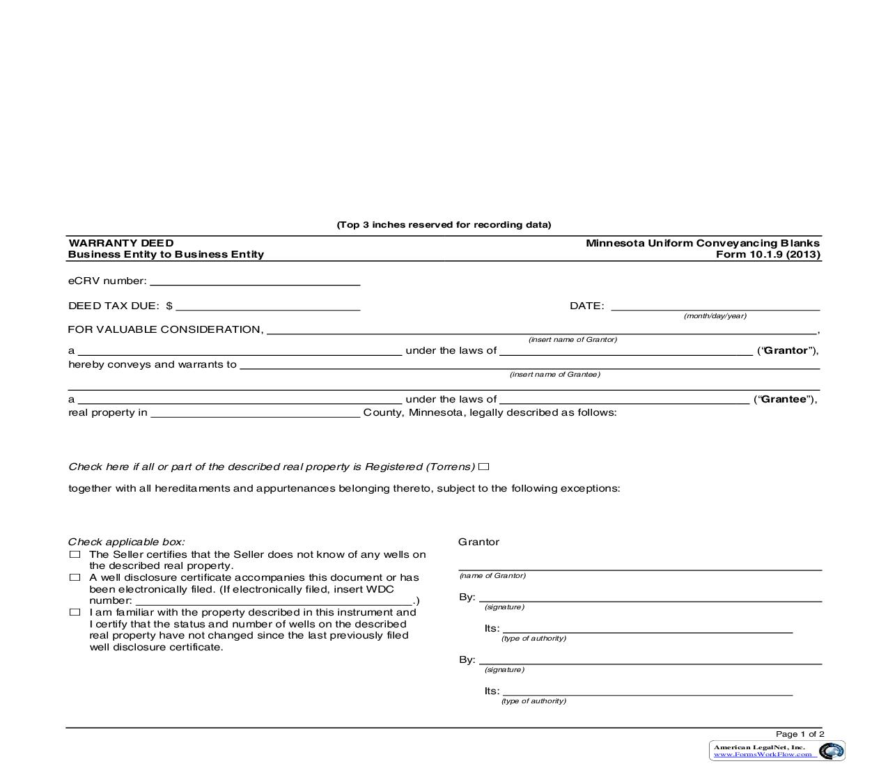 Warranty Deed Business Entity To Business Entity {10.1.9} | Pdf Fpdf Doc Docx | Minnesota