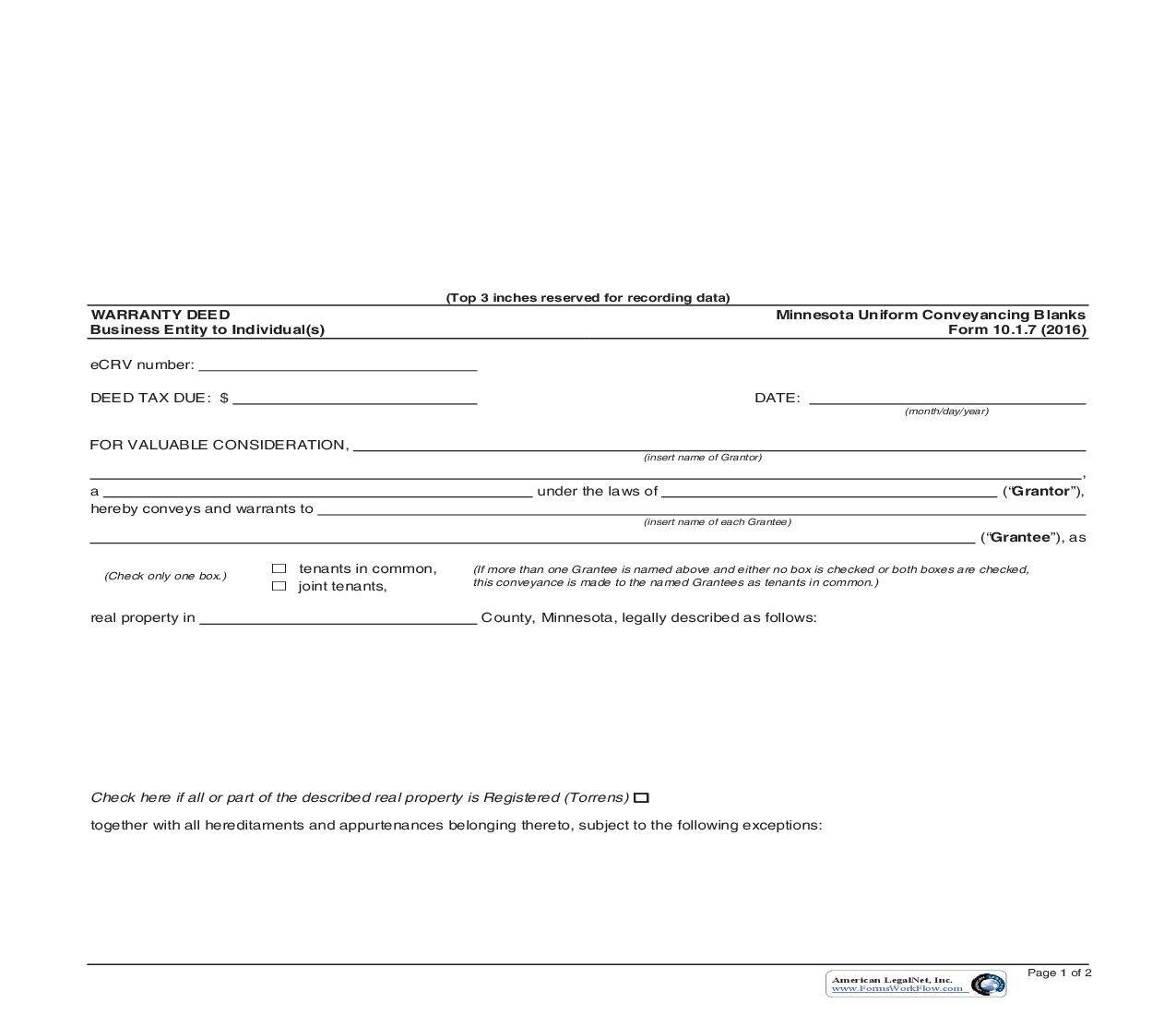 Warranty Deed Business Entity To Individual(s) {10.1.7} | Pdf Fpdf Doc Docx | Minnesota