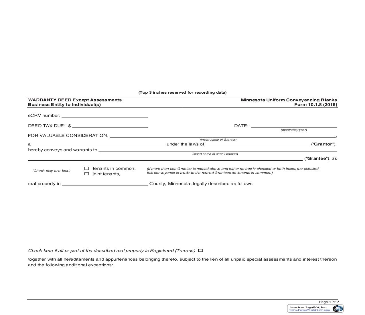 Warranty Deed Except Assessments Business Entity To Individual(s) {10.1.8} | Pdf Fpdf Doc Docx | Minnesota