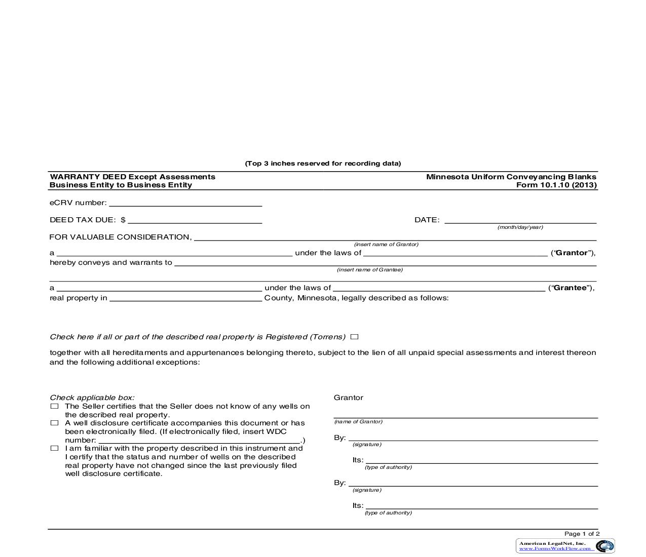 Warranty Deed Except Assessments Business Entity to Business Entity {10.1.10} | Pdf Fpdf Doc Docx | Minnesota