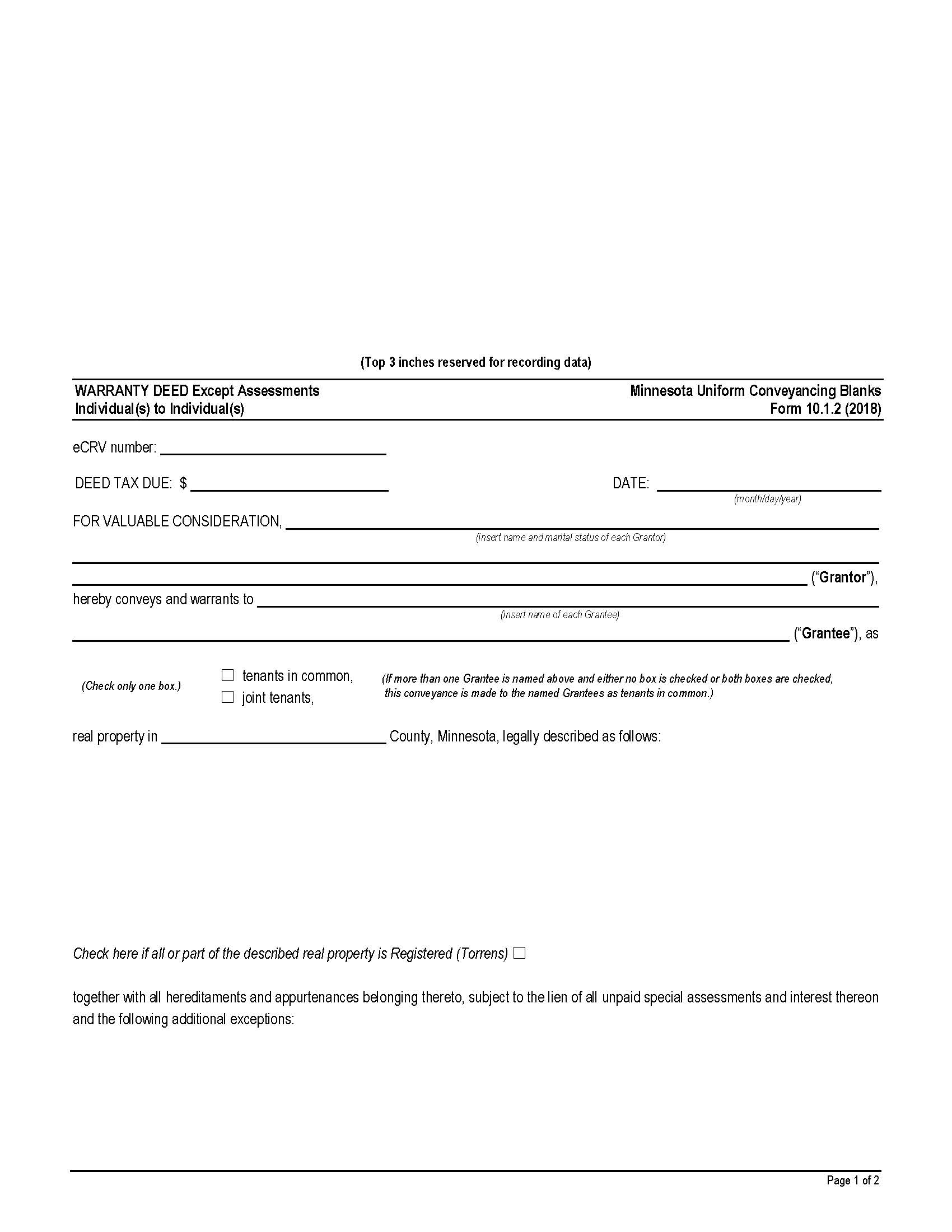 Warranty Deed Except Assessments Individual(s) To Individual(s) {10.1.2} | Pdf Fpdf Doc Docx | Minnesota
