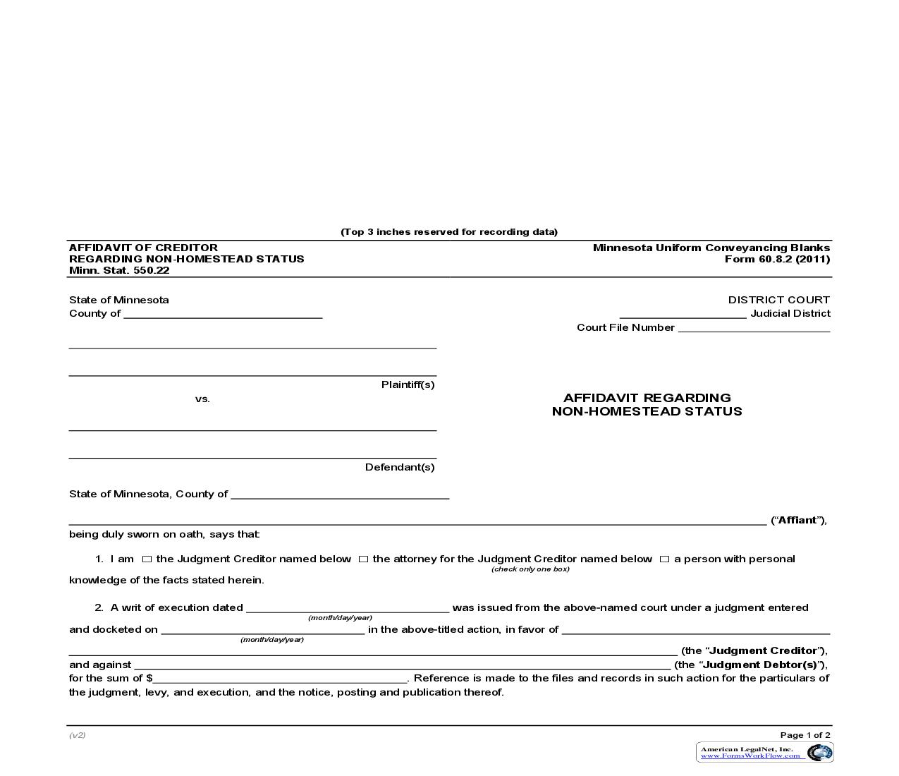 Affidavit Creditor Regarding Non-Homestead Status {60.8.2} | Pdf Fpdf Doc Docx | Minnesota